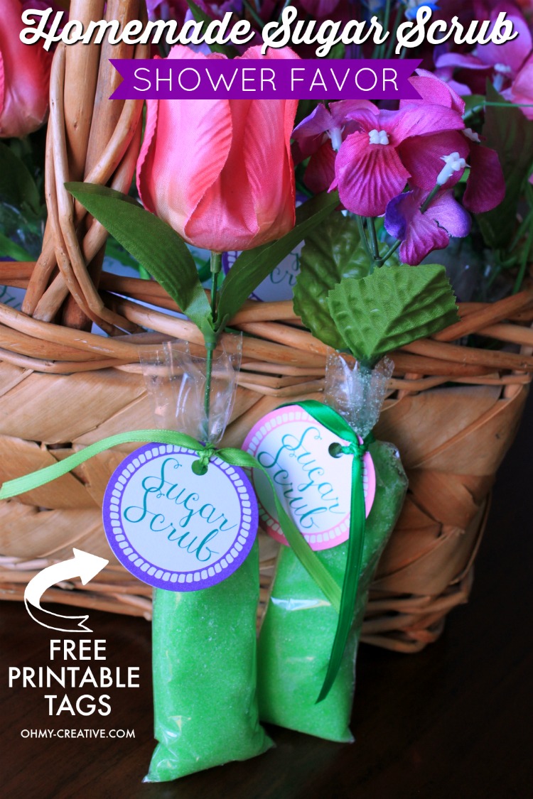 These Homemade Sugar Scrub Shower Favors are easy and inexpensive to make for Bridal Showers, Baby Showers or Party Favors! Have them gathered in a basket and hand out as guest leave! |  OHMY-CREATIVE.COM