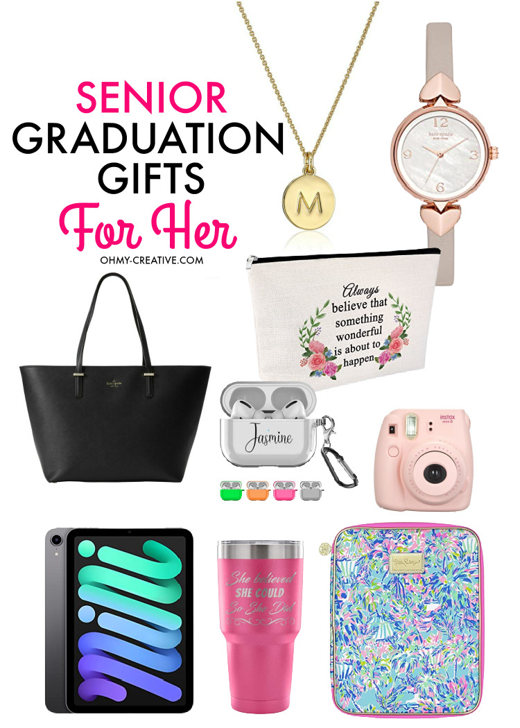 A collage of senior graduation gift for her. Daughter graduation gifts including kate spade watch, ipad mini, travel mug, camera and more!