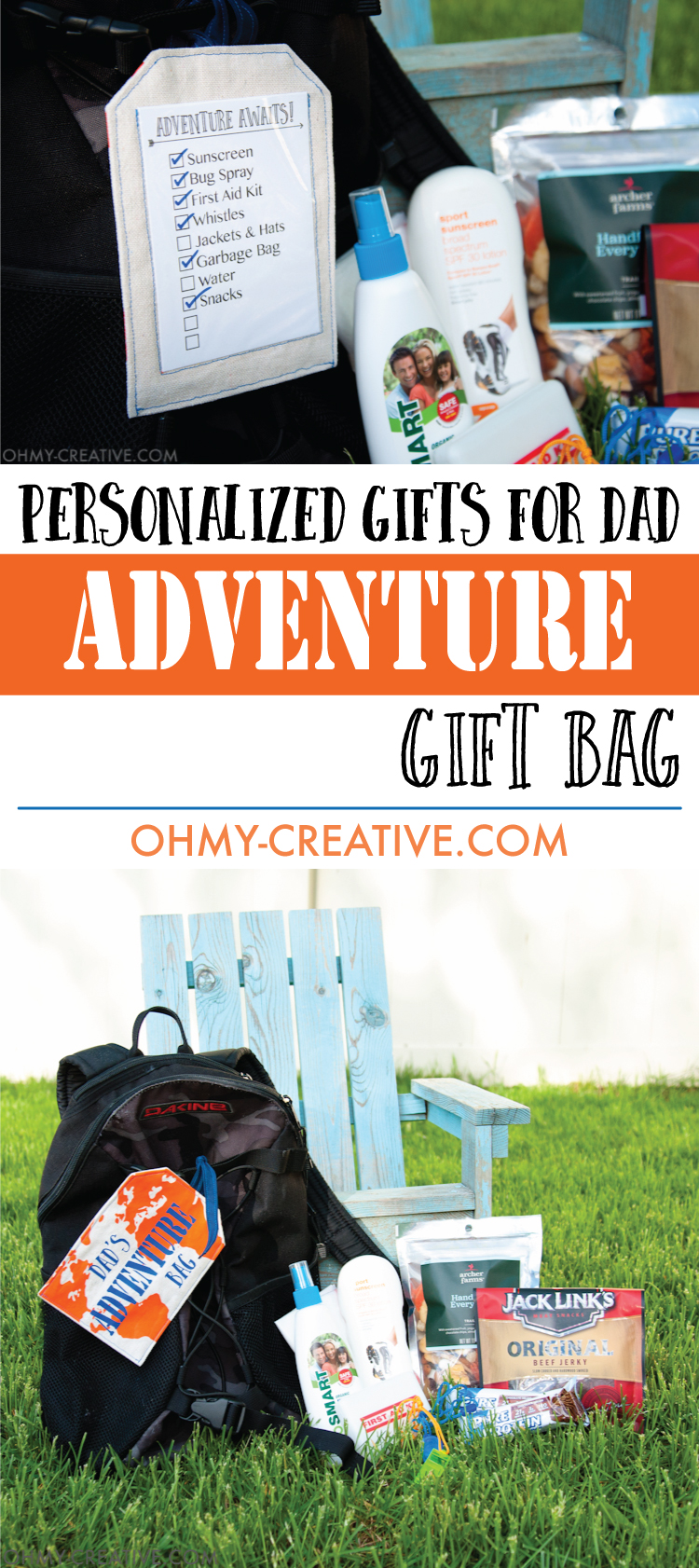 Create the best Personalized Gift for Dad. This Outdoor Adventure Gift Bag has everything you need to be ready for last minute summer adventures with dad. The perfect Father's Day gift idea. | OHMY-CREATIVE.COM