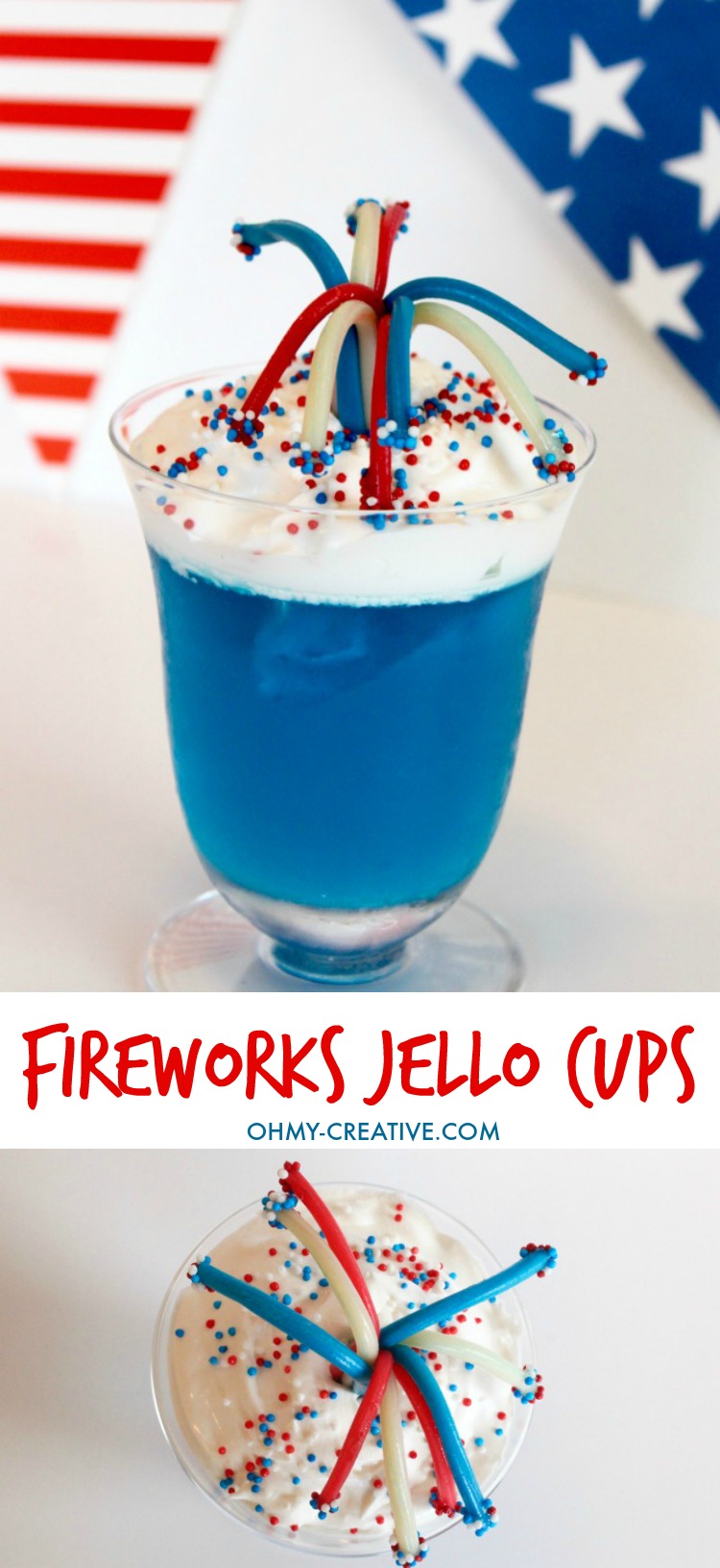 Sparklers and fireworks are a big part of any Fourth of July or any Patriotic Celebration! Try these 4th of July Dessert Fireworks Jello Cups for your picnics and parties - a fun easy patriotic treat! | OHMY-CREATIVE.COM