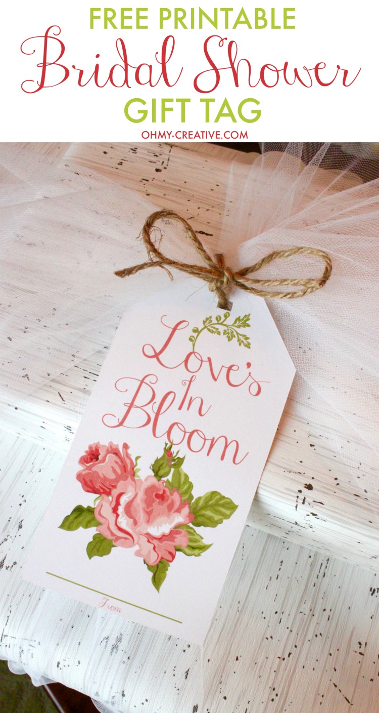 This Free Love's In Bloom Bridal Shower Printable Gift Tag featuring vintage cabbage roses is also perfect for a wedding gift! Paired with birch wrapping paper, tulle and Jute twine this wedding shower gift will be so lovely for the bride to be! | OHMY-CREATIVE.COM