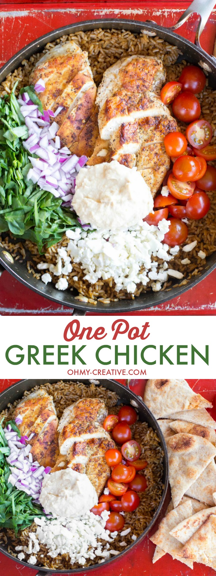 I absolutely love Mediterranean flavors like what's in this One Pot Greek Chicken and Rice recipe! Garden fresh tomatoes, hummus and perfectly seasoned chicken topped with feta cheese will have the family asking for more Greek food! Popular Pins!  | OHMY-CREATIVE.COM