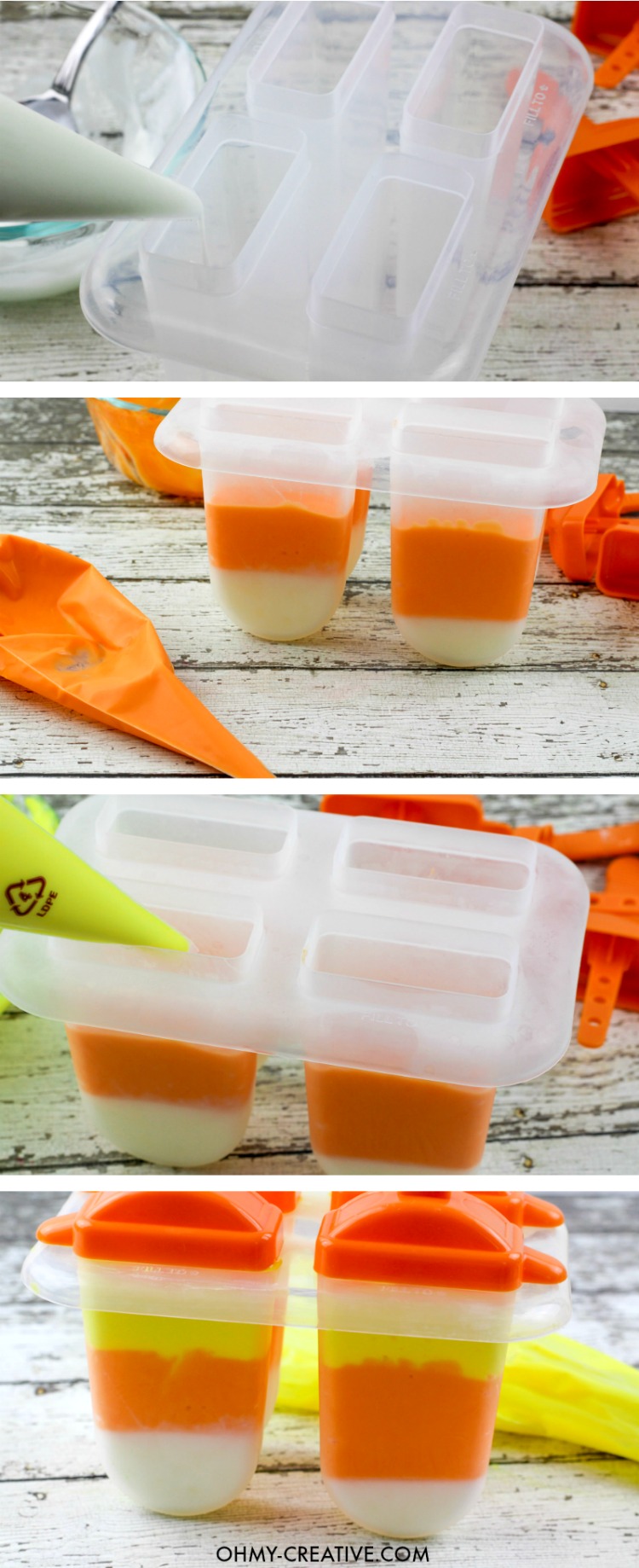 Yogurt Candy Corn Popsicle! Yellow, orange and white popsicles |  OHMY-CREATIVE.COM | Candy Corn Dessert Recipes | recipes using candy corn | Homemade candy corn | Halloween Treat | Halloween Dessert |  Ideas for candy corn