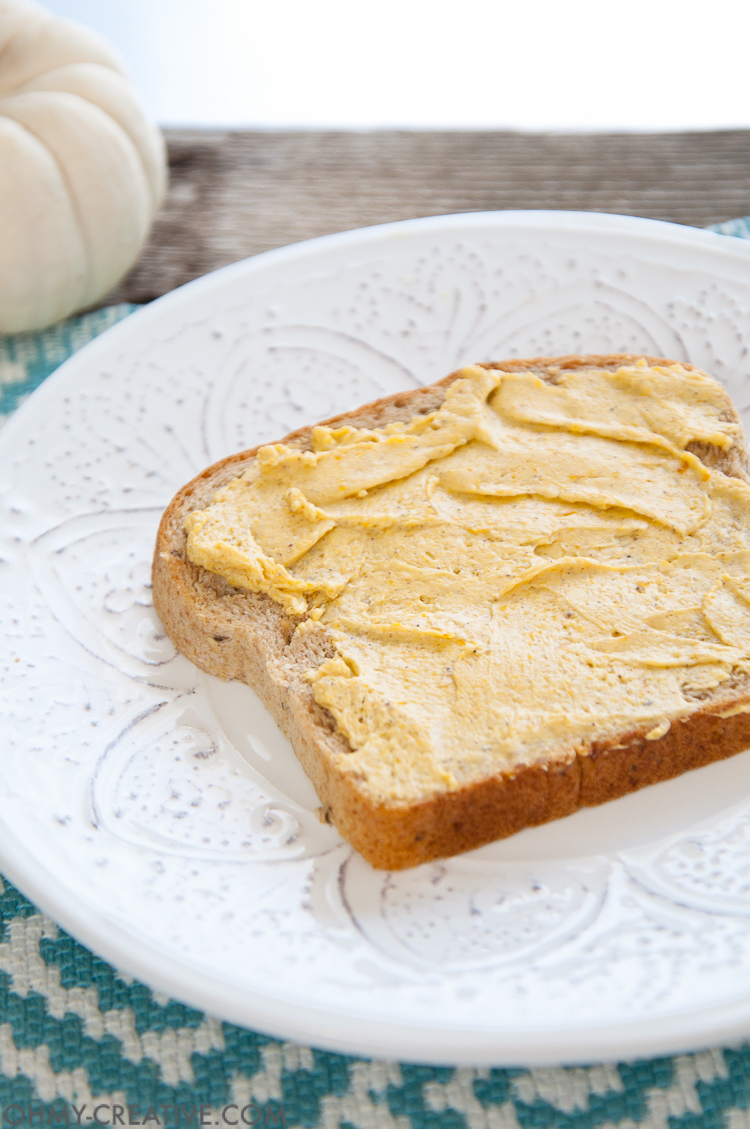 A close-up of pumpkin honey butter spread on toast