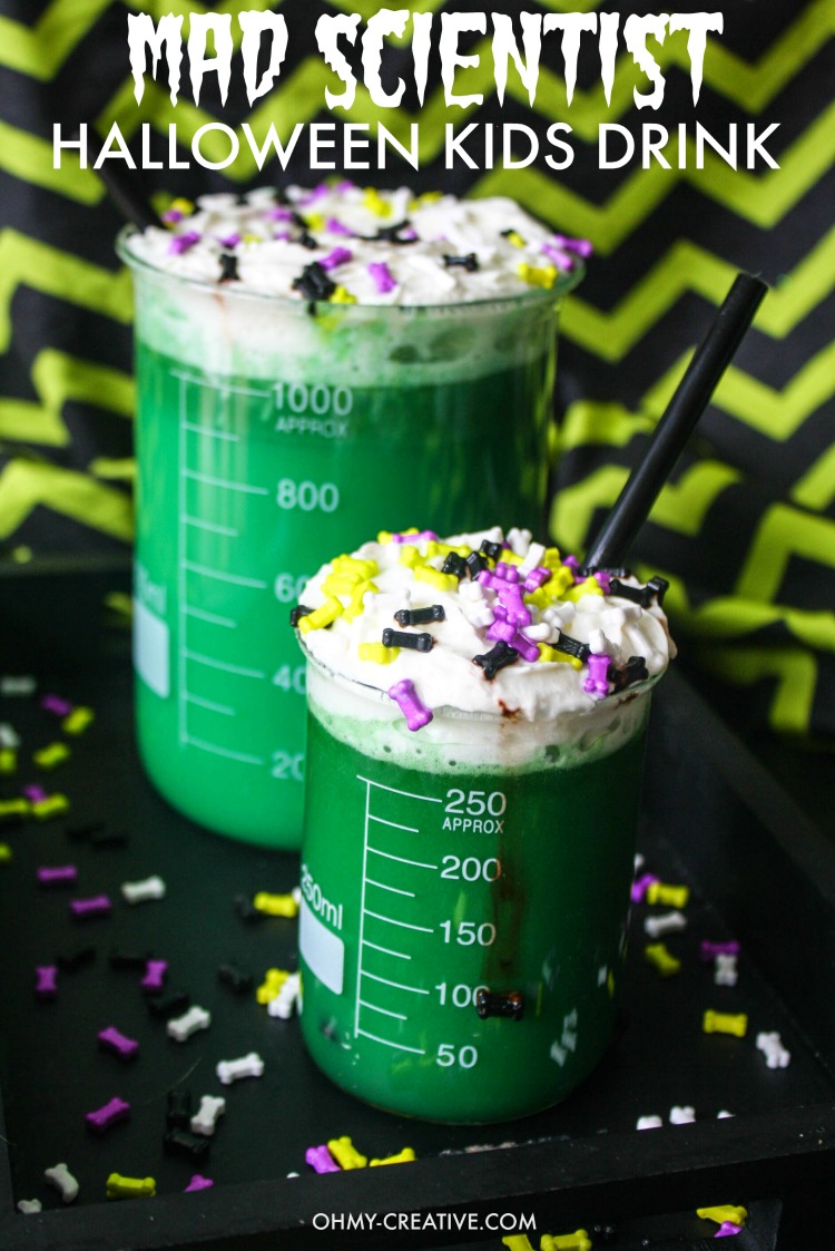 These Mad Scientist Halloween Kids Drinks served in a beaker is a spooktacular party drink! A fun green drink for kids at Halloween or for a Mad Scientist Party! | OHMY-CREATIVE.COM