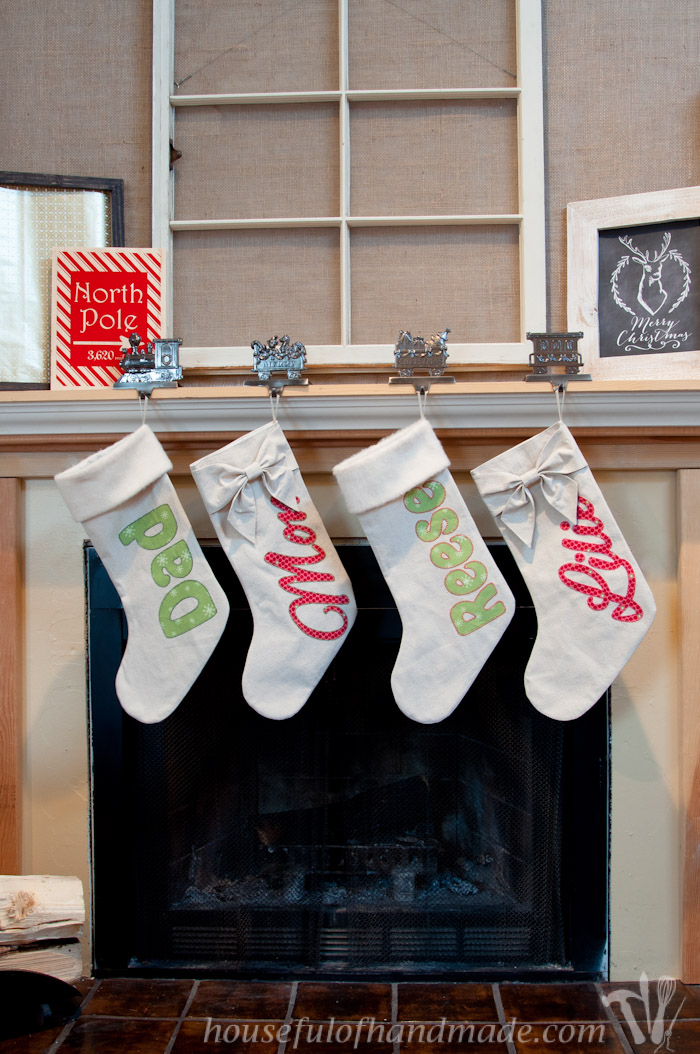 Make stockings that will last for years and are inexpensive by using drop cloth! Then personalize them with festive fabric. Housefulofhandmade.com
