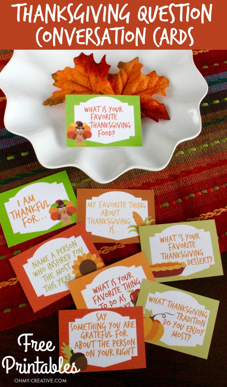 Dress up the ThanksgIving table with these Thanksgiving Conversation Starters! These Free Printable Thanksgiving Question Cards are a great way to share thankfulness and gratitude with each other around the thanksgiving table! | OHMY-CREATIVE.COM