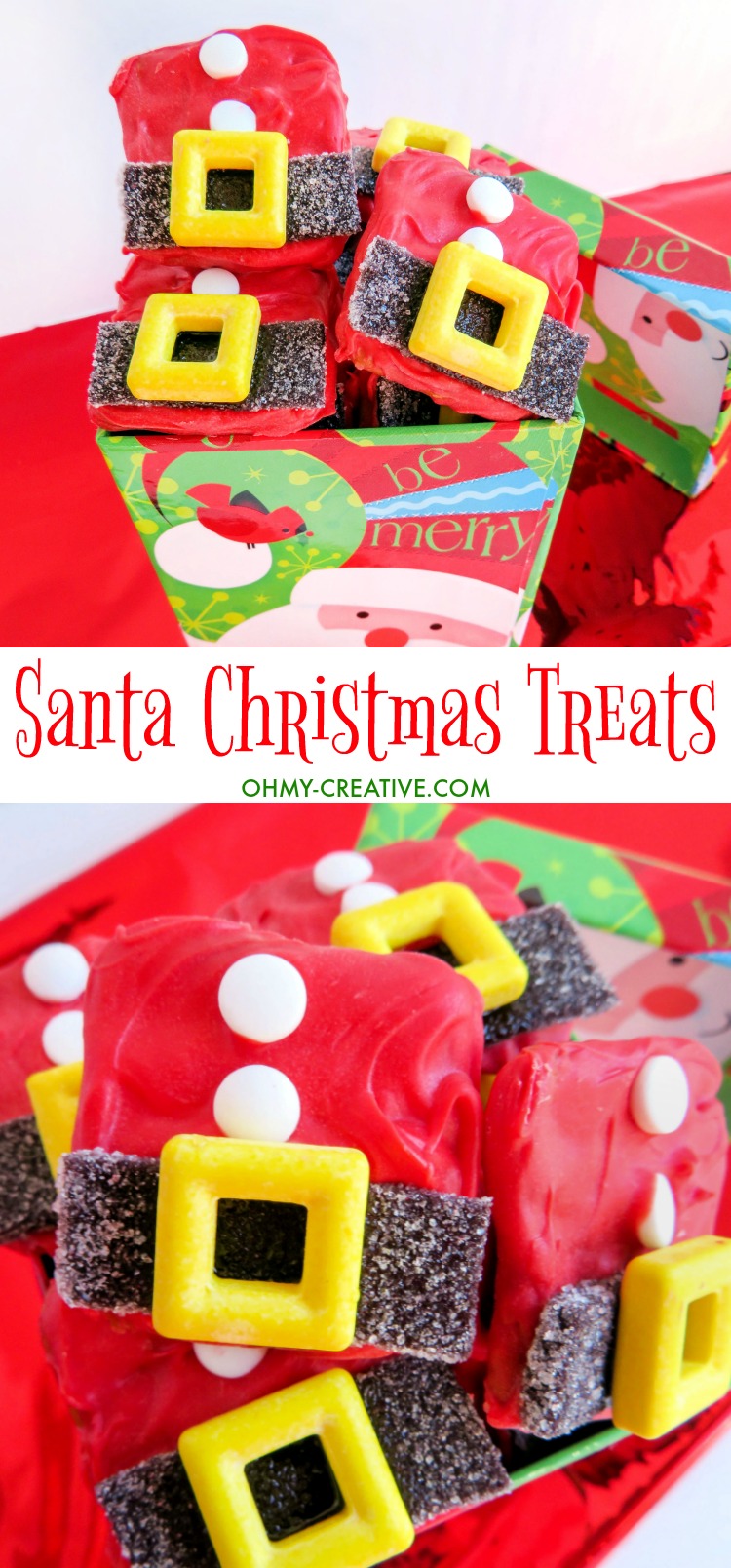 These Santa Suit Christmas Treats are perfect for holiday parties - tasty chocolate pretzel bites! | OHMY-CREATIVE.COM