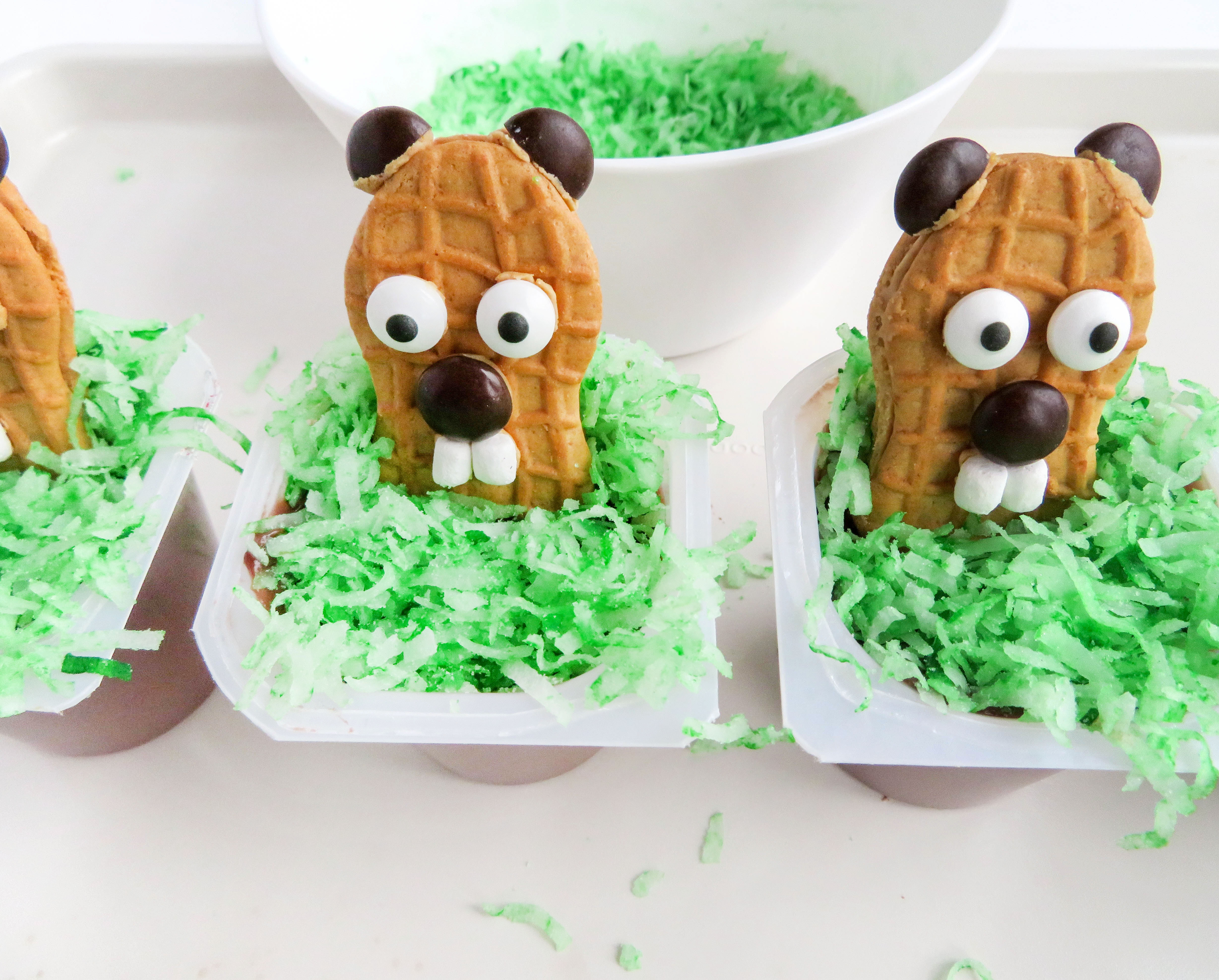 These HAPPY GROUNDHOG DAY PUDDING CUPS are the cutest for preschoolers and kindergarten kids! The kids will love to eat these Punxsutawney Phil Nutter Butter treats! | OHMY-CREATIVE.COM
