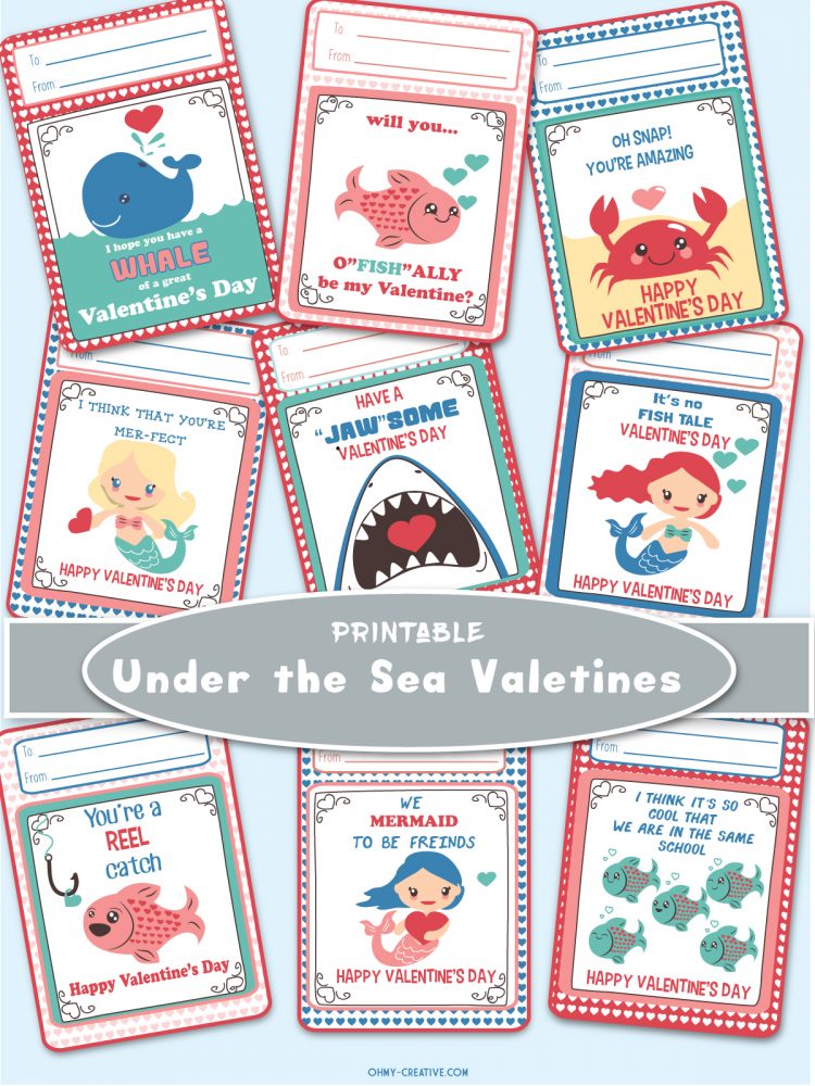 Adorable FREE UNDER THE SEA PRINTABLES for Valentine's Day. | OHMY-CREATIVE.COM | Valentine's Day Cards | Valentines | Preschool Valentines | Kindergarten Valentines | Free Printables | Ocean Printables | Mermaid Printables