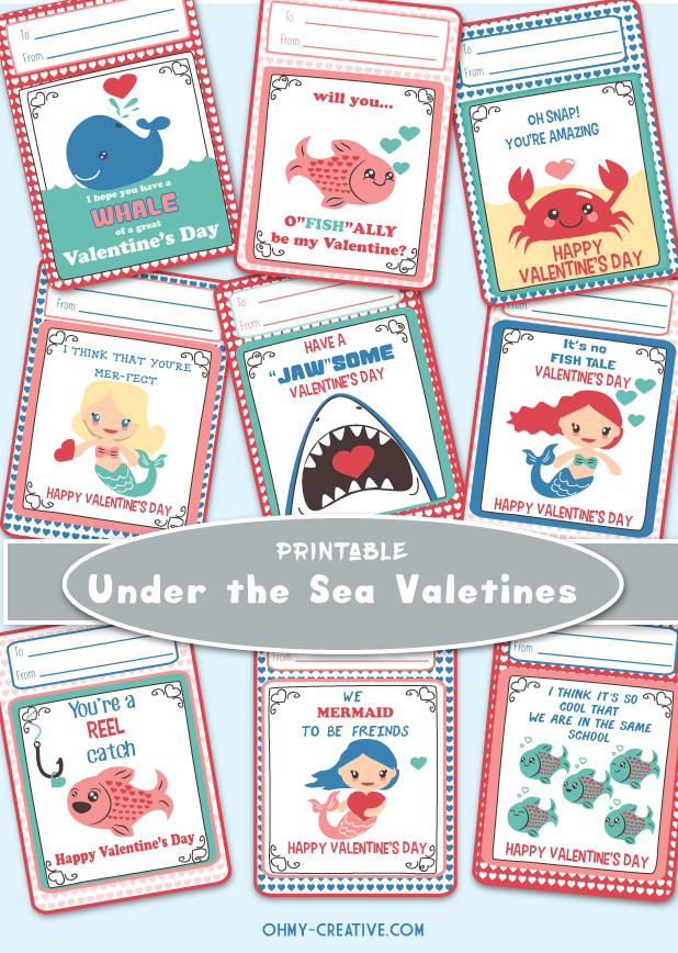 Adorable FREE UNDER THE SEA PRINTABLES for Valentine's Day. | OHMY-CREATIVE.COM | Valentine's Day Cards | Valentines | Preschool Valentines | Kindergarten Valentines | Free Printables | Ocean Printables | Mermaid Printables