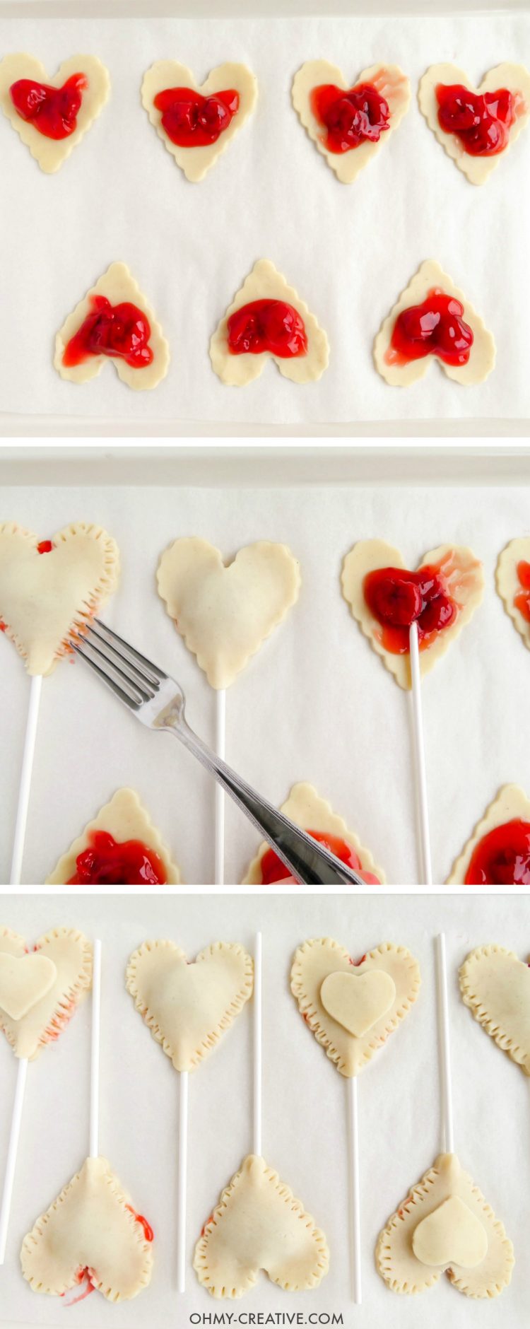 Mini Cherry Pies - Heart Pie Pops - A sweet Valentine's Day Treat! OHMY-CREATIVE.COM | Heart Shaped | Valentine's Day Dessert | Pie Pops | Pie Crust | Cherry Pie | Pillsbury Pie Crust | Premade Pie Crust | Sprinkles | Handheld pies | Mini Pies | Heart