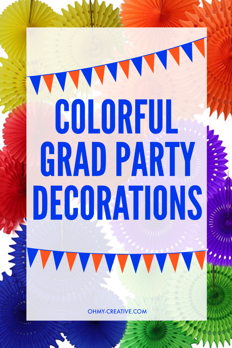 Colorful Grad Party Decorations to host an amazing graduation party! OHMY-CREATIVE.COM | graduation party decoration | grad party | high school graduation | nursing school graduation | college graduation | party decorations | tissue paper pom pom | tissue paper pinwheels | paper straws | plastic plates | rainbow