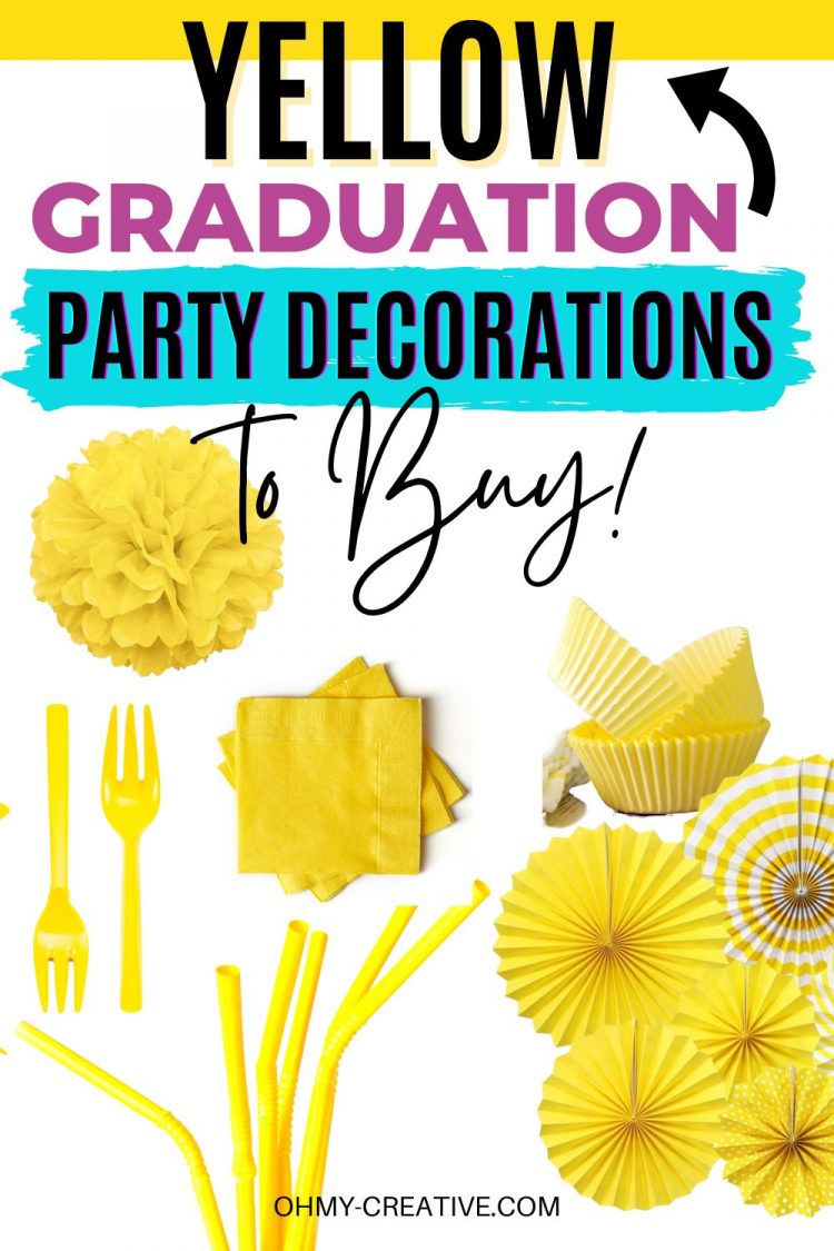 Yellow Graduation Party Decorations to match your school colors. Pictured: plastic silverware, paper napkins, tissue paper pom poms, tissue paper pinwheels, paper straws, paper plates, and graduation party signs!