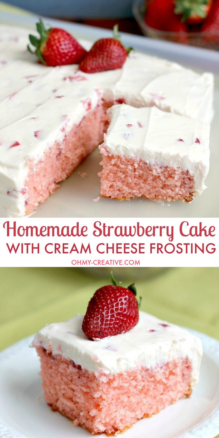 This Strawberry Cake With Whipped Cream Cheese Frosting is bursting with fresh strawberry flavor. A perfect dessert for any occasion spring or summer. OHMY-CREATIVE.COM | strawberry sheet cake | strawberry cake from scratch | homemade strawberry cake | fresh strawberry cake | whipped cream cheese frosting | spring dessert | summer dessert | dessert recipe | fresh strawberries | sheet cake recipe |