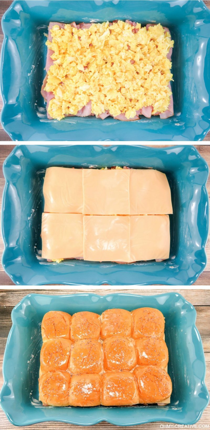 These Breakfast Hawaiian Ham and Cheese Sliders are perfect to serve for breakfast, brunch or dinner! OHMY-CREATIVE.COM | game day sliders | brunch sliders | breakfast sliders | egg sliders | ham and cheese sliders | egg recipe | breakfast recipe | brunch recipe | Kings Hawaiian rolls | kings Hawaiian sliders