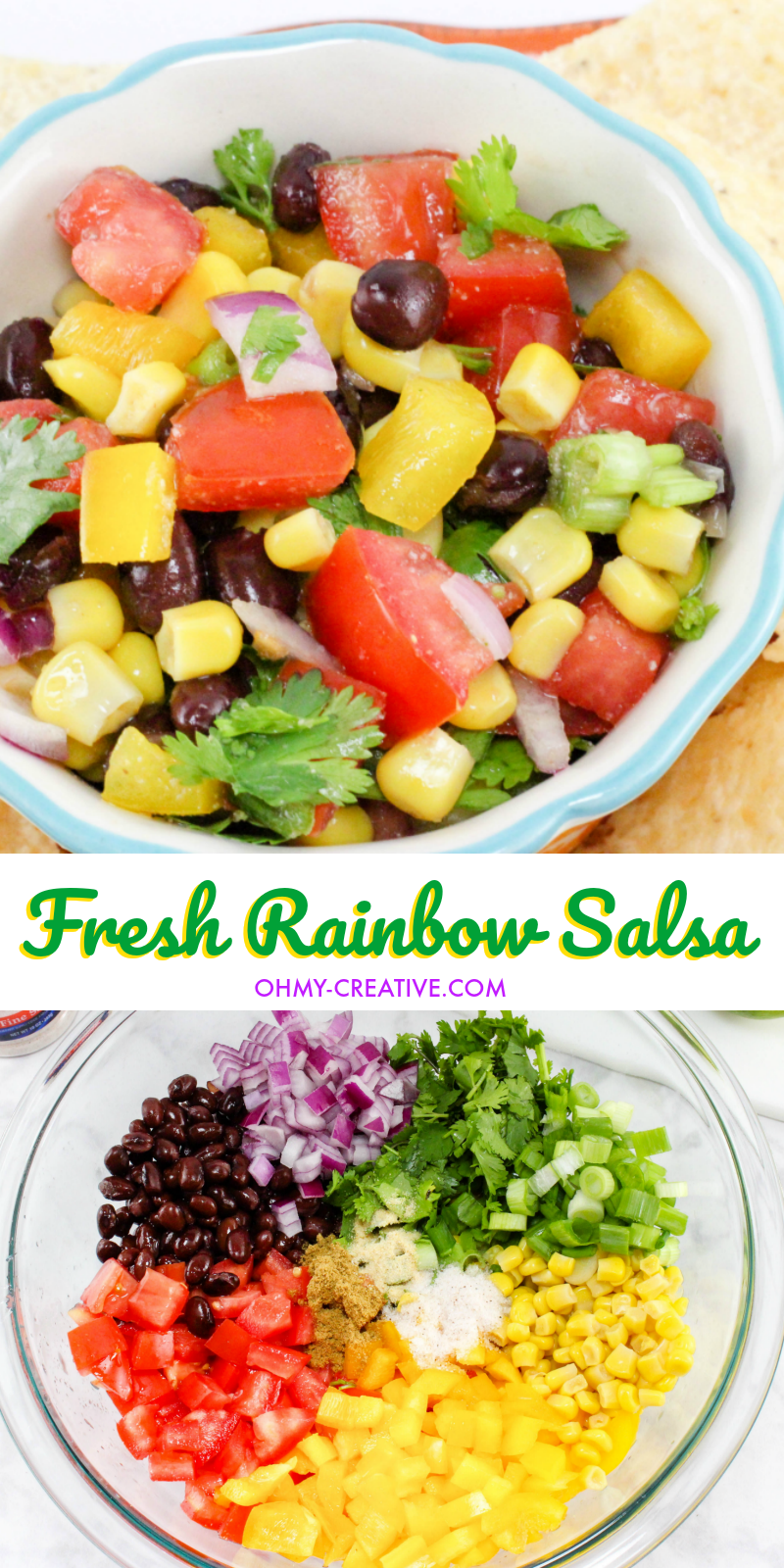 This Fresh Salsa Recipe is a delicious Rainbow Salsa and so full of flavor | OHMY-CREATIVE.COM | chunky salsa | fresh salsa recipe | homemade salsa recipe | Mexican salsa recipe | corn salsa recipe | salsa recipe easy