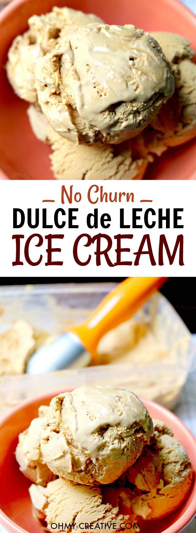 No Churn Dulce de Leche Ice Cream - a sweet and creamy no churn ice cream bursting with flavor! Just two ingredients plus toffee bits or chocolate chips! 