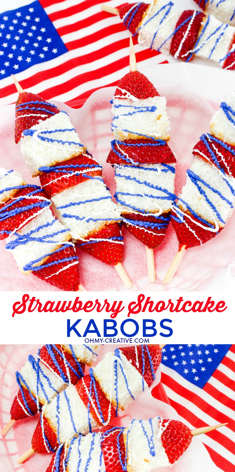 These Strawberry Shortcake Dessert Kabobs are delicious all summer long! | OHMY-CREATIVE.COM | strawberry shortcake recipe | strawberry shortcake skewers | fruit kabobs | fruit skewers | red white and blue | patriotic dessert | how to make kabobs | summer dessert | 4th of july dessert | fourth of july dessert | angel food cake | strawberries | dessert 