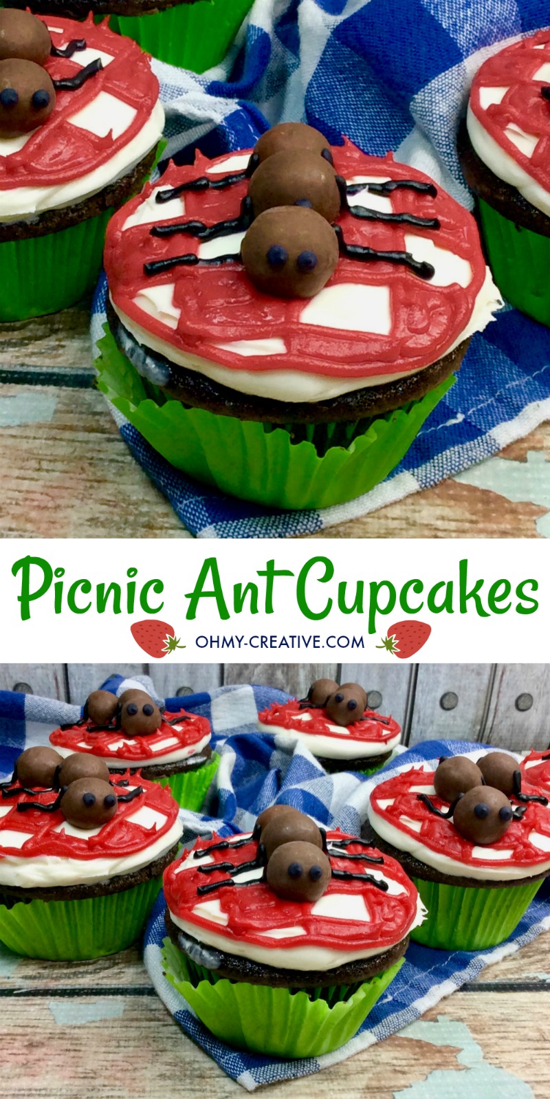 These Ant Picnic Cupcakes are perfect to add to your picnic menu! | OHMY-CREATIVE.COM | picnic idea | Picnic food | picnic dessert | easy picnic food | picnic table cupcakes | best picnic foods | good picnic foods | ant cupcakes | malted milk ball ants 
