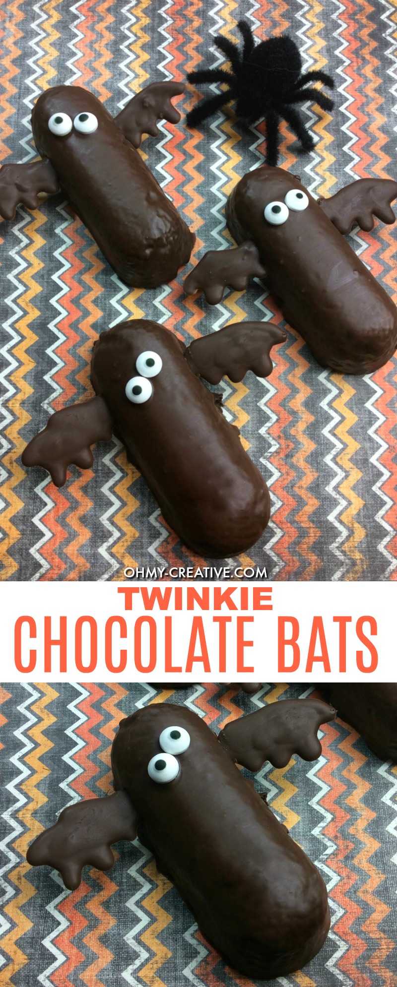 Halloween Twinkie Chocolate Bats | OHMY-CREATIVE.COM | Halloween Bat Desserts | Bat Treats | Halloween Pops | Halloween Food Ideas for Kids | Halloween Finger Foods | Halloween Themed Food | Easy Halloween Treats | Chocolate 