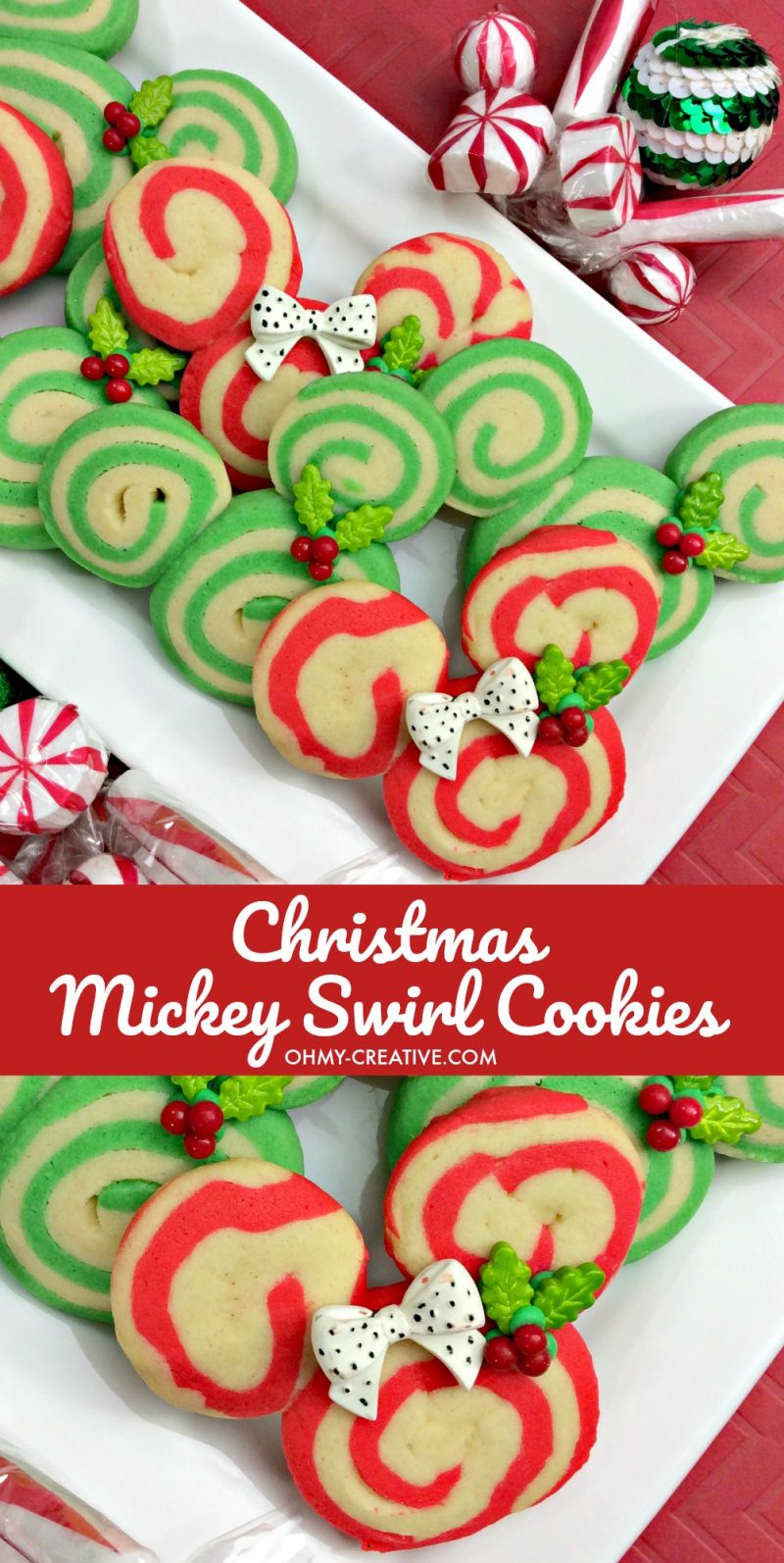 Mickey Christmas Swirl Cookies | OHMY-CREATIVE.COM | Pinwheel Cookies | Spiral Cookies | Pinwheel Recipes | cookie swirl | Swirl Sugar Cookies | Christmas Cookies | Mickey Mouse Cookies | Minnie Mouse Cookies | Disney Cookies 