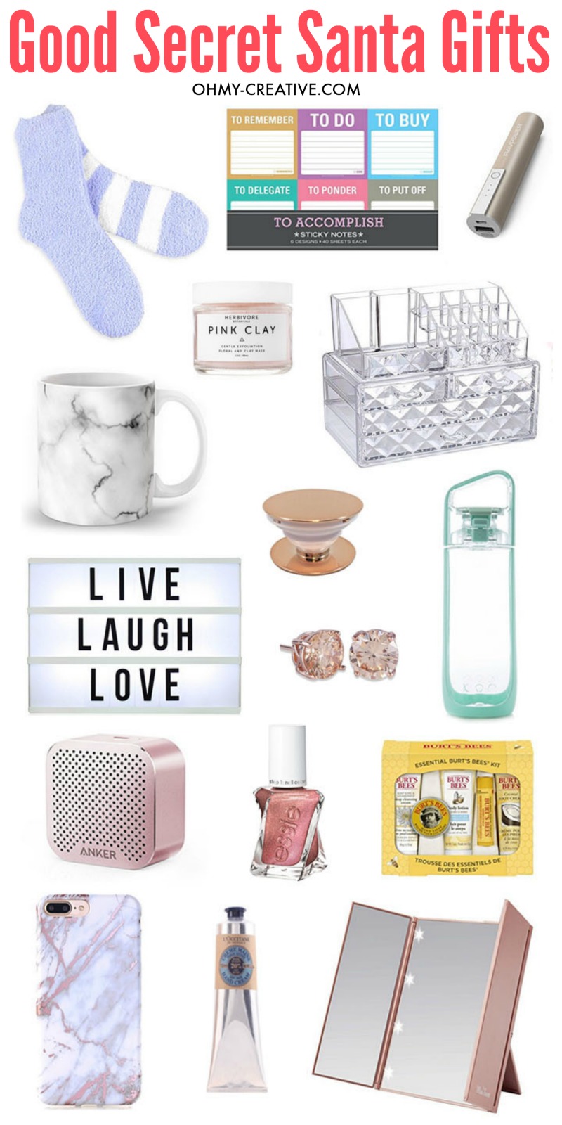 Looking for some really good secret Santa gifts? This practical list of gifts has something for everyone: socks, beauty items, water bottles, mugs, and electronic accessories.