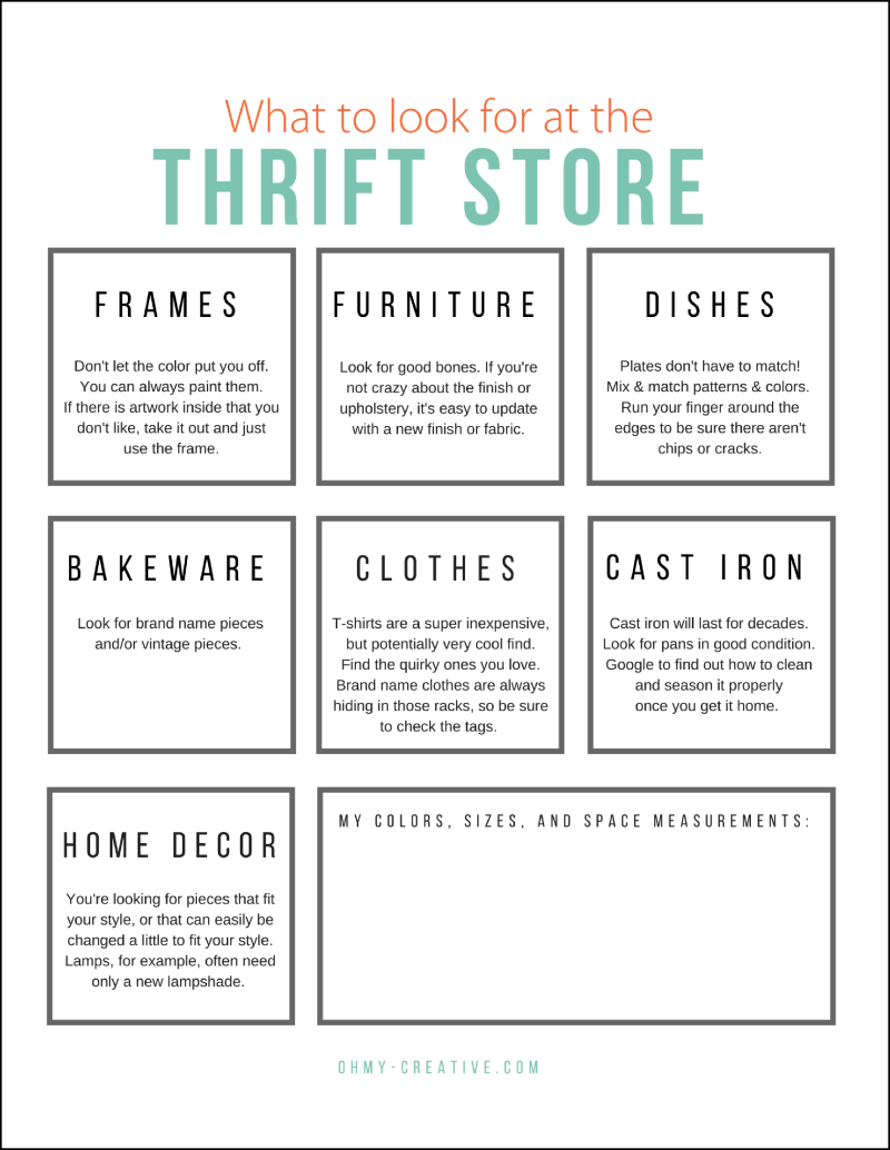 Thrift Store Shopping Guide Printable | OHMY-CREATIVE.COM | Goodwill Store | Thrifting | Goodwill Makeover | Free Printable List | Thrift Store List | Check List 