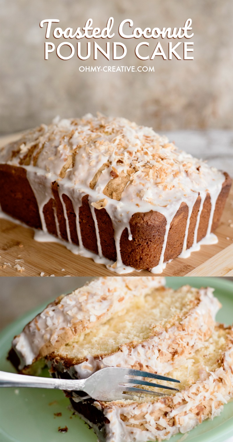Toasted Coconut Pound Cake Recipe is dripping with a delicious glaze topped with toasted coconut.