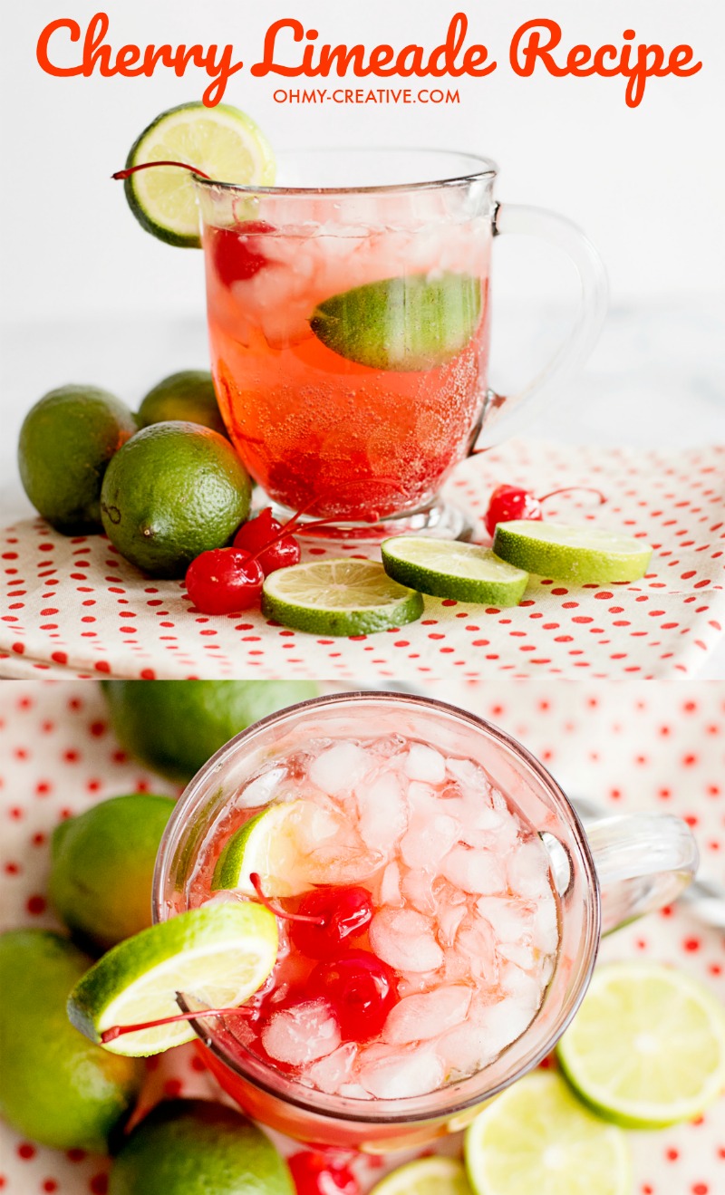 This Cherry Limeade Recipe is a refreshing drink all year long. Similar to the Sonic cherry limeade! OHMY-CREATIVE.COM | cherry limeade drink | limeade | cherry limeade soda | sonic limeade recipe #drink #cherrylimeade #drinkrecipe