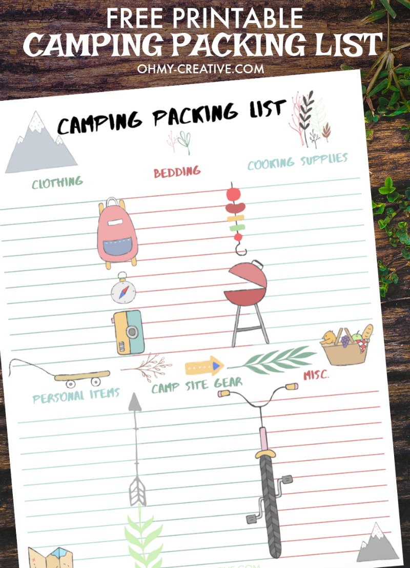 Camping Packing List Free Printable on wood background