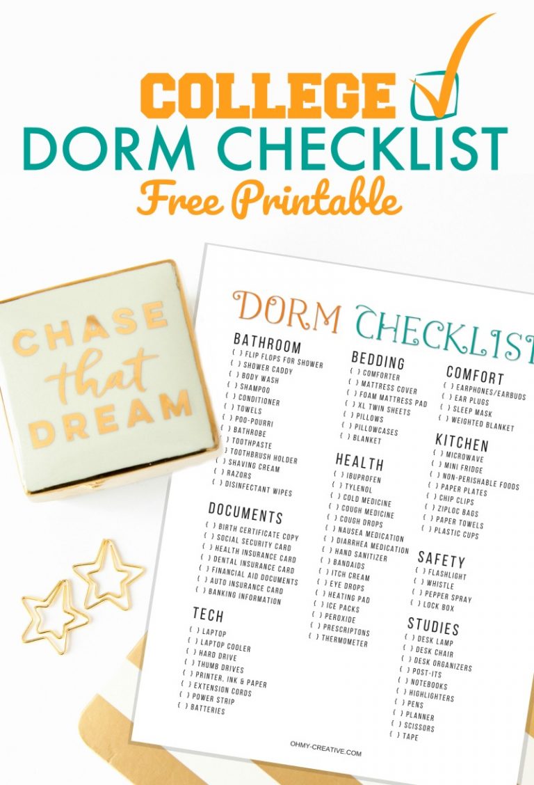 Getting ready to send your child to college? One of the first things that is helpful is a College Packing List Free Printable or checklist. OHMY-CREATIVE.COM | College Dorm Checklist Printable | College Packing List | College Dorm List | College Checklist | College Necessities | #college #collegechecklist #collegedormlist #dorm