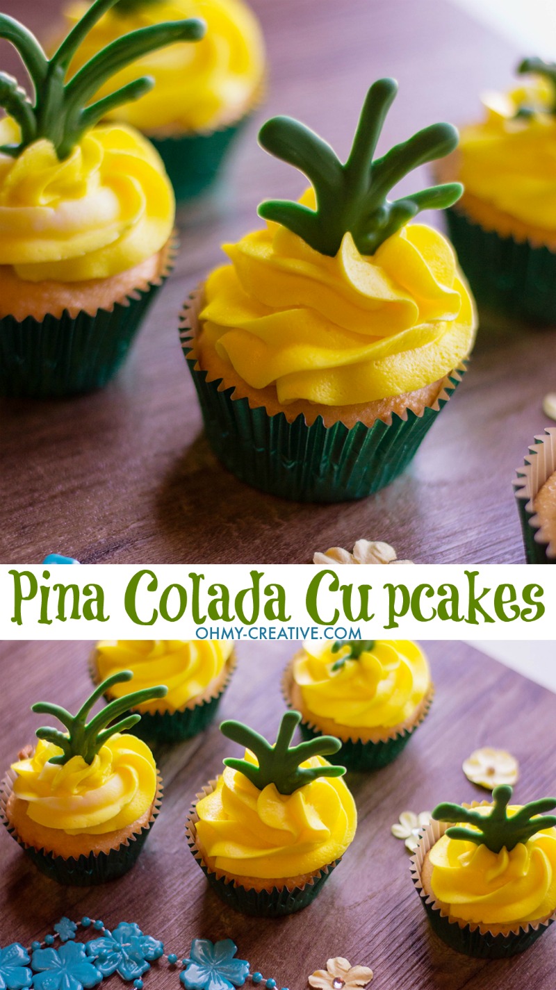 These Pina Colada Cupcakes are a tasty summer treat! Rum optional | OHMY-CREATIVE.COM | Pina Colada Cupcakes | Tropical Cupcakes | Pineapple Cupcakes | Pina Colada Cupcakes with Rum | Hawaiian Cupcake Recipes | #PinaColadaCupcakesrecipe #cupcakes #luau # pinacolada #dessert 