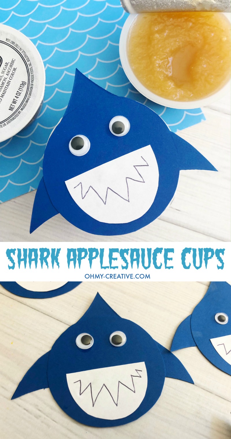 These Shark Applesauce Cups are a fun Shark Party Food or shark craft for kids. Great for Shark Week too! Shark Party | Shark Craft | Shark Food | Applesauce Cups | Applesauce | Shark Party Ideas #sharkweek #sharkparty #sharkpartyfood #applesaucecups 