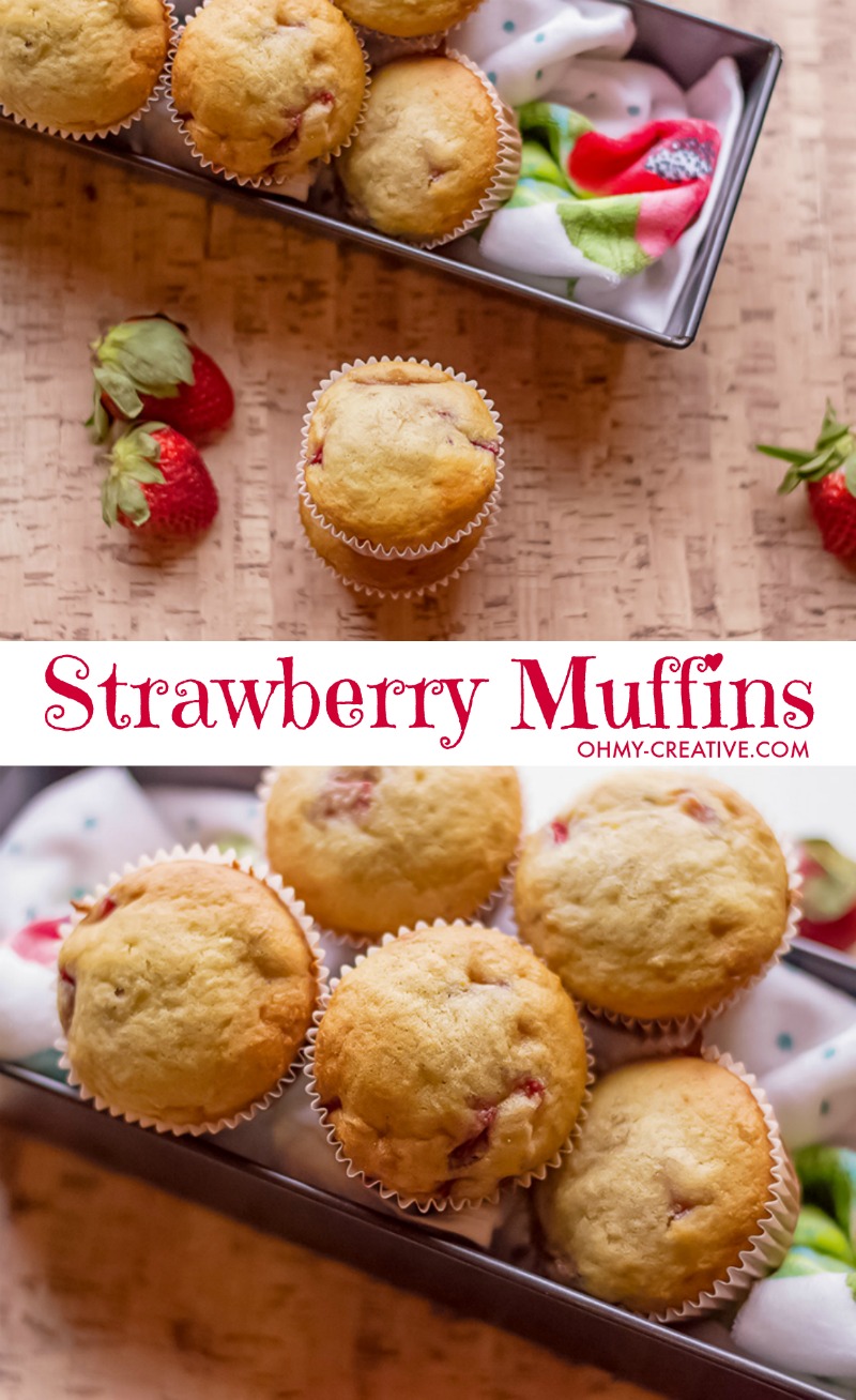 These Strawberry Muffins are made with Fresh Strawberries - an easy out the door breakfast muffin or snack! OHMY-CREATIVE.COM | Strawberry Muffins | Strawberry Muffin Recipe | Breakfast food | Snack Recipe | Muffin Recipe | Strawberry Banana Muffins #strawberrymuffins #muffinrecipe #breakfast #breakfastrecipe #muffins