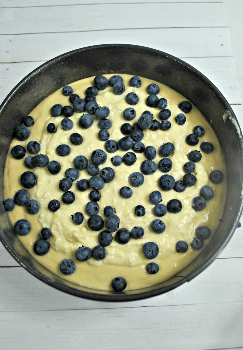 Blueberry Lemon Cake Recipe adding fresh blueberries before crumb topping