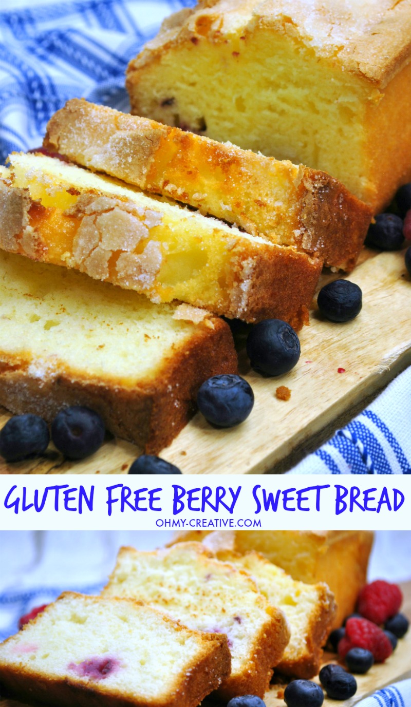 Simply the best Gluten Free Blueberry Bread with raspberries! Great flavors with delicious berries. OHMY-CREATIVE.COM | Gluten Free Bread | Gluten Free Loaf | Gluten Free Recipe | Gluten Free | #glutenfreeblueberrybread #glutenfreebread #glutenfreerecip #glutenfreebreakfast #glutenfreeflour 