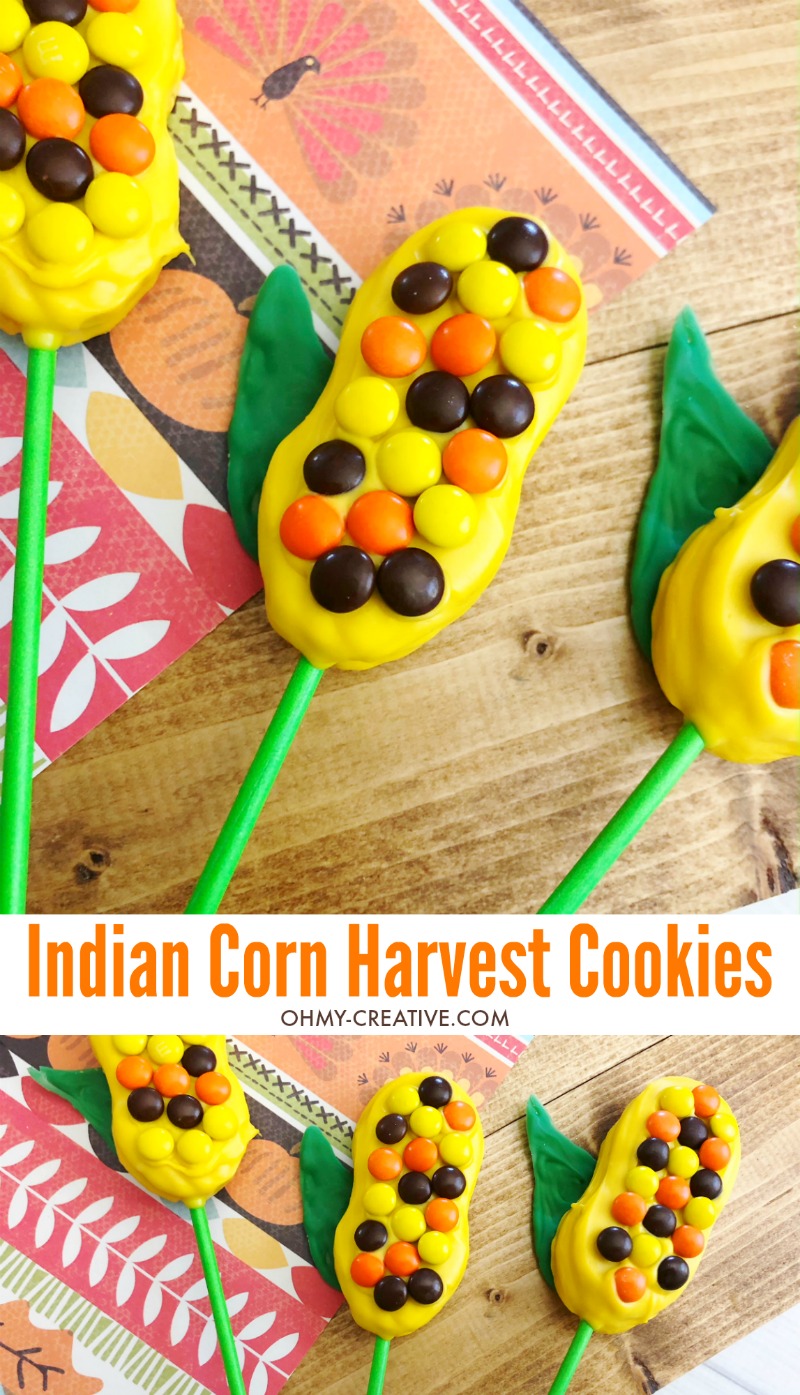 Harvest Indian Corn Cookies are a perfect treat to serve at any fall celebration or Thanksgiving! OHMY-CREATIVE.COM | Fall Cookies | Indian Corn | Fall Desserts | Cookie Pops | Nutter Butter Cookies | #indiancorn #indiancorncookies #falldessets #fallcookies #harvestcookies