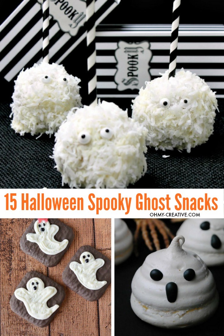 Make one or more of these 15+ Spooky Ghost Snacks and Ghost Treats for Halloween! OHMY-CREATIVE.COM | Halloween Party Food Ideas | Halloween Food | Ghost Desserts | Halloween Desserts | Ghost Snacks Halloween | #ghostsnacks #halloweenghosts #halloweenpartyfood #halloweendessert #ghosttreats #ghosts #halloweenfood #halloween 