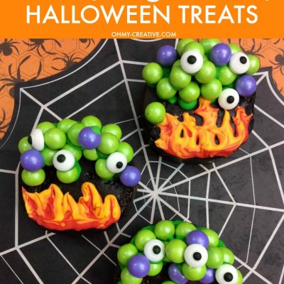 These Witches Cauldron Halloween Treats are easy to make when you use colored chocolate candies and pre made chocolate cakes! A perfect Halloween party treat! OHMY-CREATIVE.COM | #halloween #halloweentreats #halloweendessert #halloweencake #witchescauldron