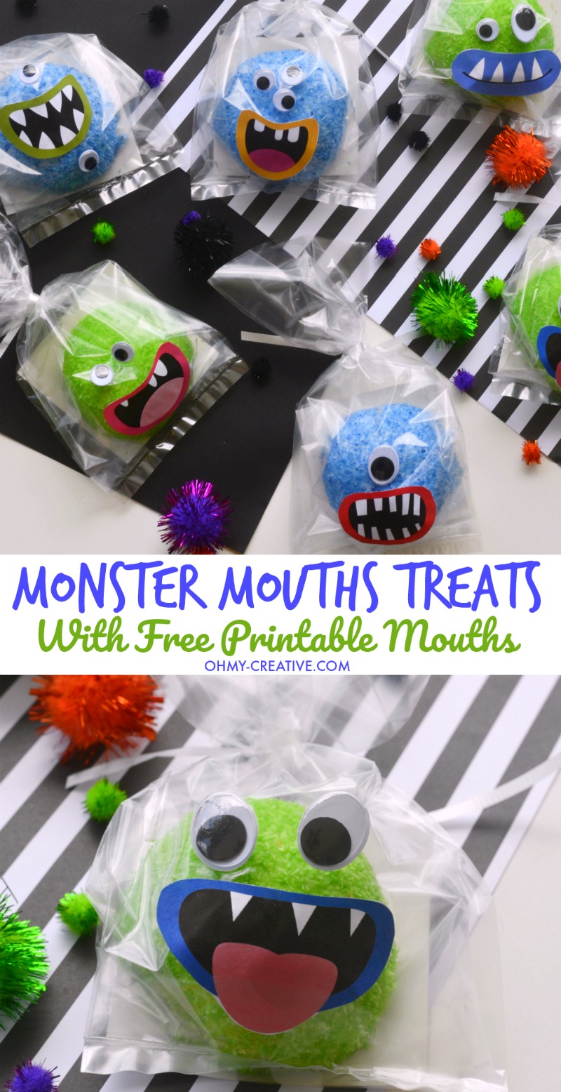 These Monster Mouths Snowball Treats are perfect for parties or Monster Mouths craft! Free Printable monster mouths included with easy directions! Kids will love them! OHMY-CREATIVE.COM #montermouths #monstermouthsprintable #Halloweentreat #halloweentreatbags #halloweenmonsters #monsterpartyfavor #monstercraft #kidstreats #halloween 