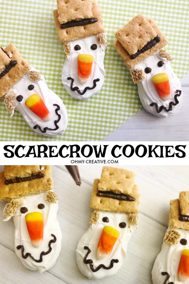 ter Fall Cookies for your harvest fest or Thanksgiving dessert buffet table! #Scarecrow #Scarecrowdessert #fallcookie #falldessert #thanksgivingdessert #nutterbutter 