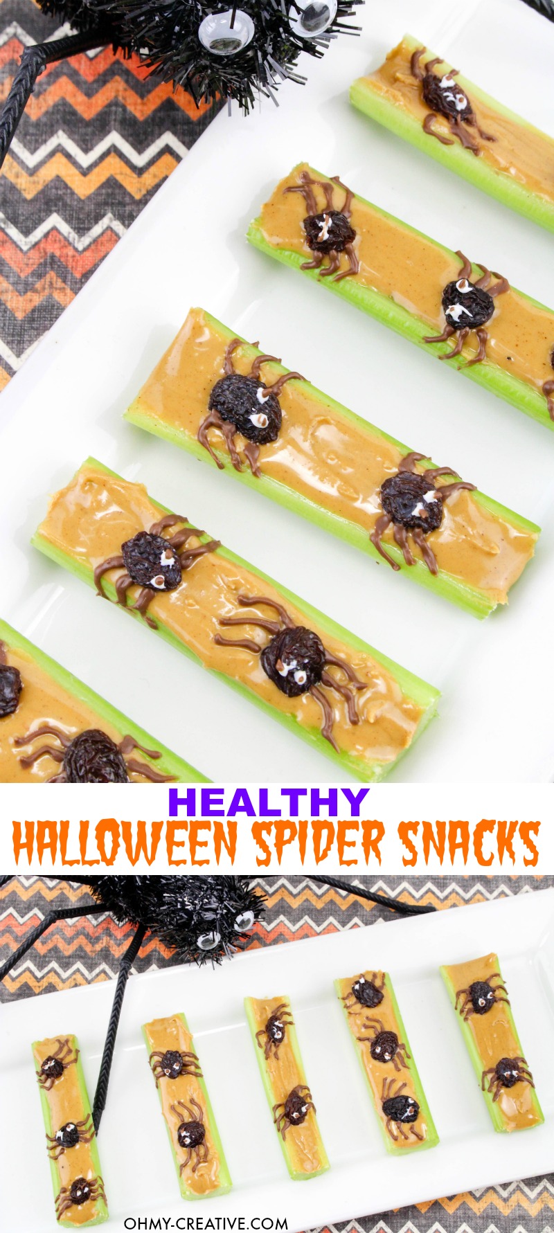 These Cool Spider Healthy Halloween Snacks make a great option over sweets for all Halloween activities. Make ahead of time for parties or to serve as an after school snack...great for playdates too. OHMY-CREATIVE.COM | #healthyhallweensnacks #halloweensnacks #halloweenpartyfood #halloweenpartysnack #healthyhalloweenappetizer #halloweenspider 