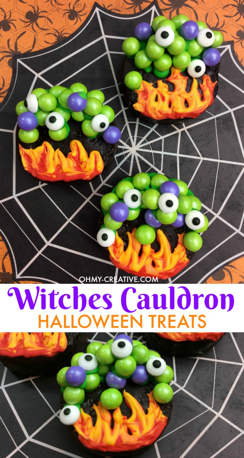 These Witches Cauldron Halloween Treats are easy to make when you use colored chocolate candies and pre-made chocolate cakes! A perfect Halloween party treat! OHMY-CREATIVE.COM | #halloween #halloweentreats #halloweendessert #halloweencake #witchescauldron 