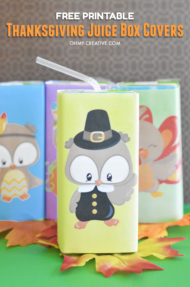 Decorate the kid's table at Thanksgiving with these Free Printable Thanksgiving Juice Box Covers - the kids will love them! 