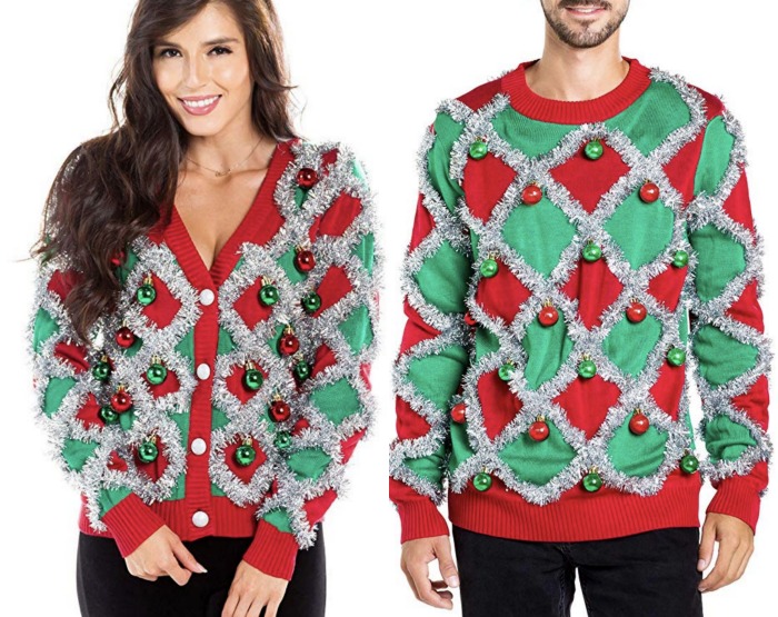 10 Of The Best Couples Ugly Christmas Sweaters - Festive couples tinsel ugly Christmas sweaters