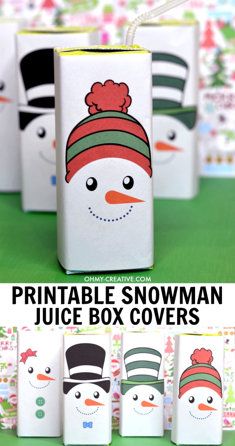 These Free Snowman Juice Box Covers Printables include four adorable designs. Perfect for winter parties or Christmas celebrations! OHMY-CREATIVE.COM #juiceboxcovers #snowmanprintables #christmasprintables #freeprintables #snowman #snowmanprintablesfreetemplet