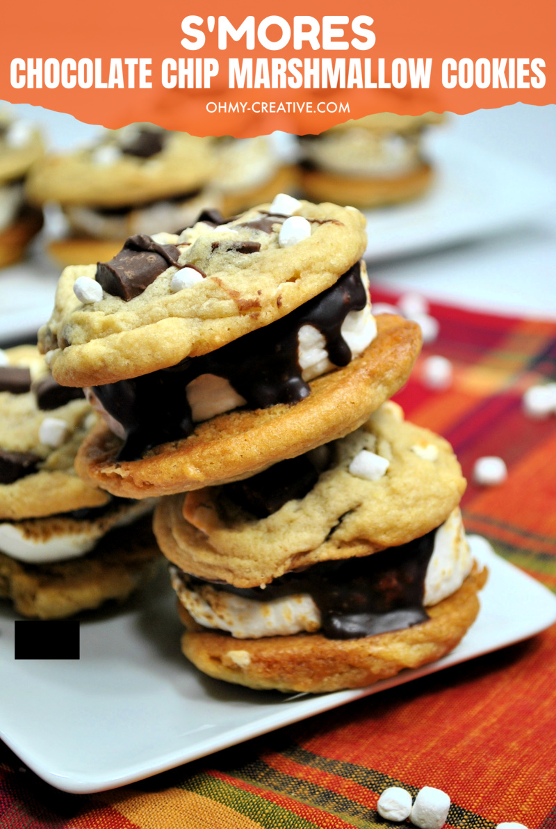 These delicious Chocolate Chip Marshmallow Cookies S'mores Sandwich are a crowd pleaser. A chewy chocolate chip marshmallow cookie with a toasted marshmallow center! 