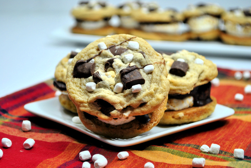 These delicious Chocolate Chip Marshmallow Cookies S'mores Sandwich are a crowd pleaser. A chewy chocolate chip marshmallow cookie with a toasted marshmallow center! 