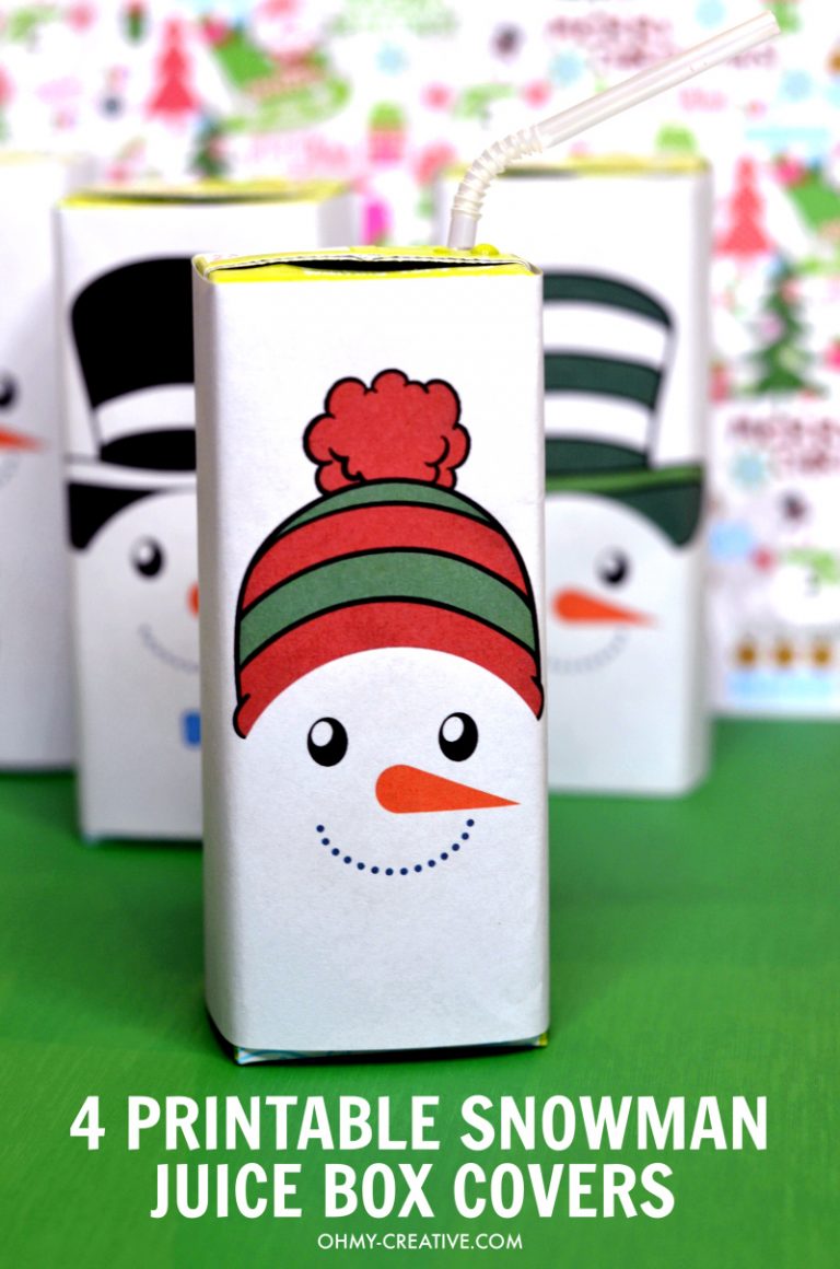 These Free Snowman Juice Box Cover Printables include four adorable designs. Perfect for winter parties or Christmas celebrations! OHMY-CREATIVE.COM #juiceboxcovers #snowmanprintables #christmasprintables #freeprintables #snowman #snowmanprintablesfreetemplet